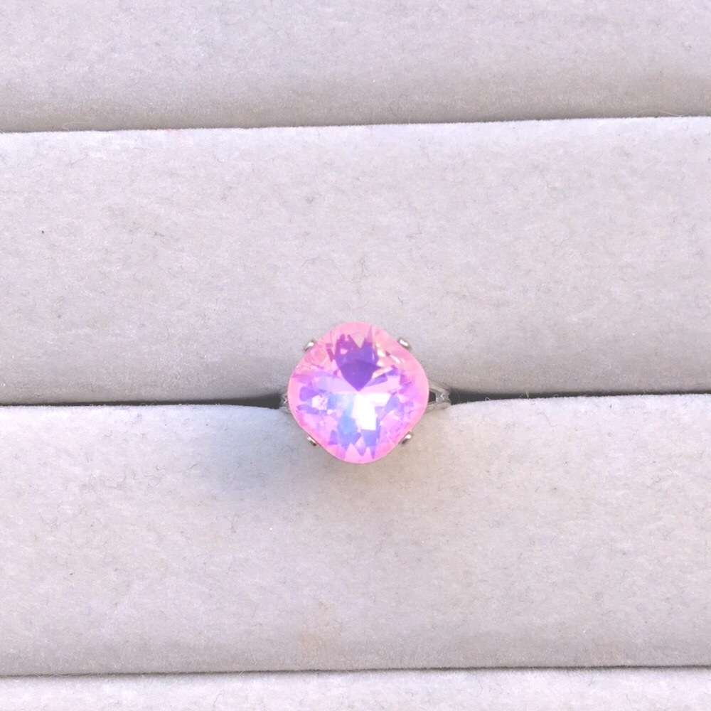 Pink Opal Aurora Borealis + Silver Cushion Cut Crystal Ring